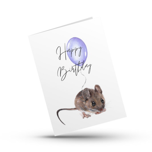 Happy birthday card, Cute baby mouse card, Birthday card for kids, Mouse with balloon card, Birthday card for girl, Boy, Gender Neutral card