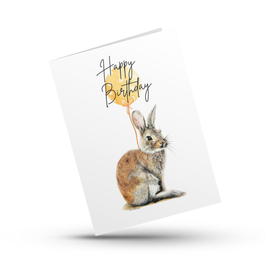 Little bunny happy birthday card, Woodland forest rabbit, Gender neutral animal card, Bunny with yellow balloon for her, Him, Daughter, Son