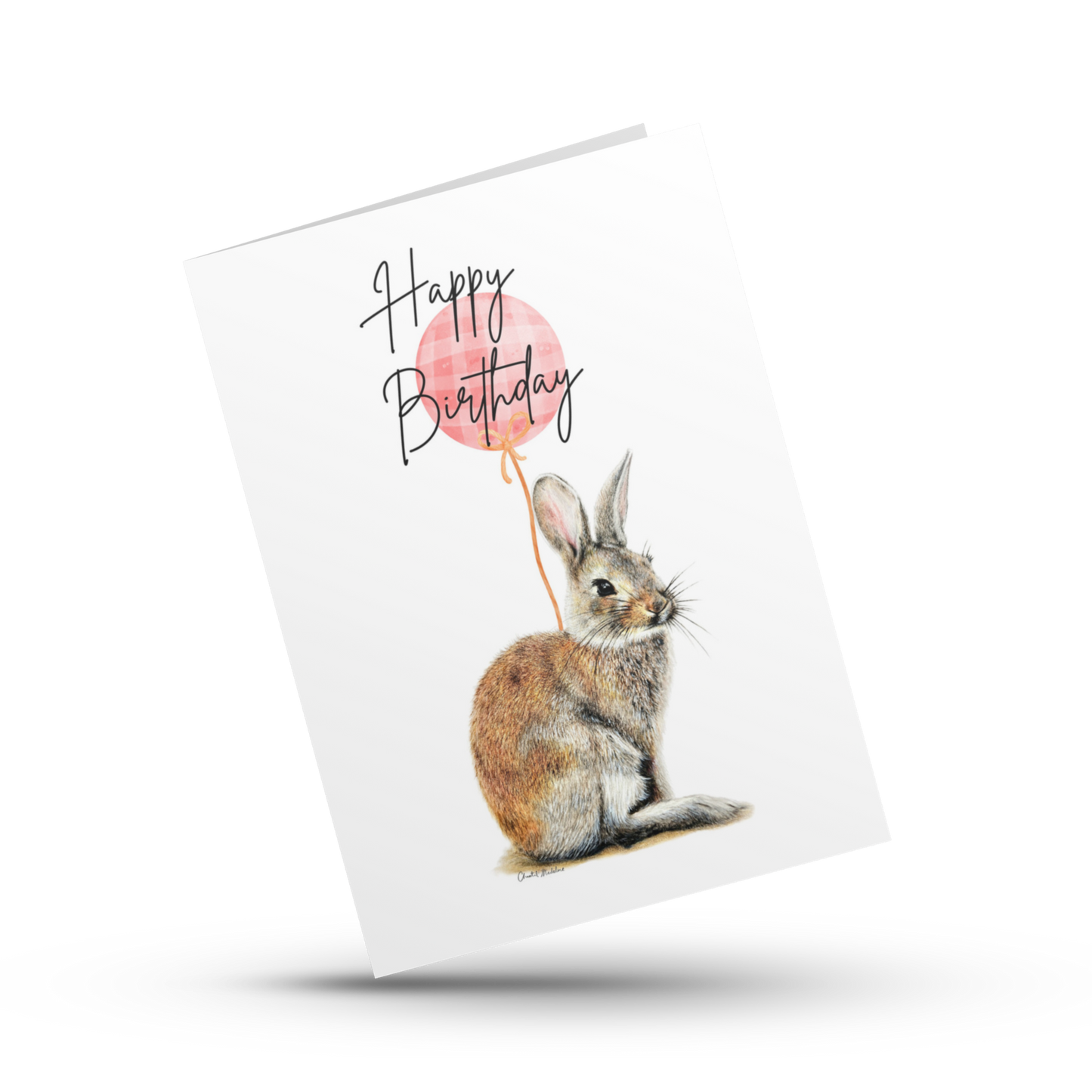 Happy Birthday bunny card, Hoppy woodland rabbit with pink balloon, Bday card for daughter, Mom, Grandma, Teacher, Co worker, Bestie, Friend