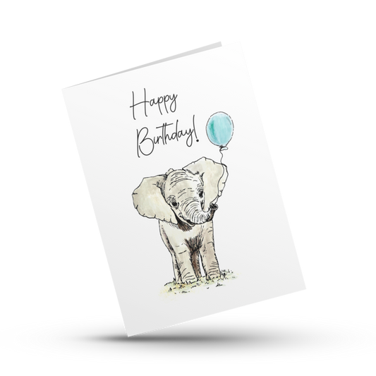 Happy birthday card, Elephant birthday card, Kids birthday card, Animal with balloon card, Cute card for son daughter, Birthday celebration