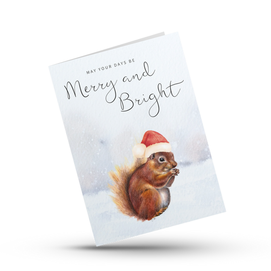 Squirrel Christmas card,Merry and bright card,Santa hat squirrel, Squirrel greeting card, Woodland Christmas card, Cute animal Holiday card,