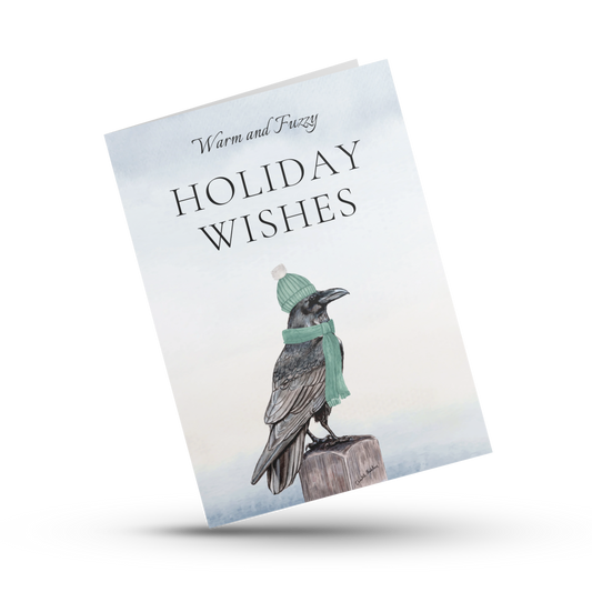 Raven Christmas card, Warm and fuzzy holiday wishes, Festive crow, Holiday Raven Christmas card, Cute animal Christmas card, Gothic raven