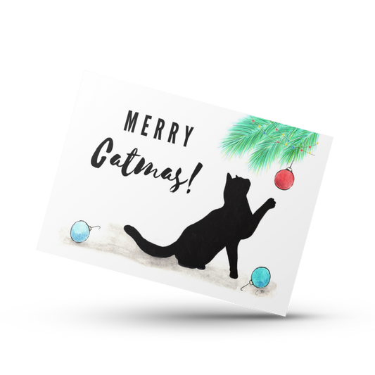 Merry catmas, Black cat Christmas card, Cute cat Holiday card, Cat lover Christmas greeting card, Meowy Christmas, Happy holidays, Cat pun