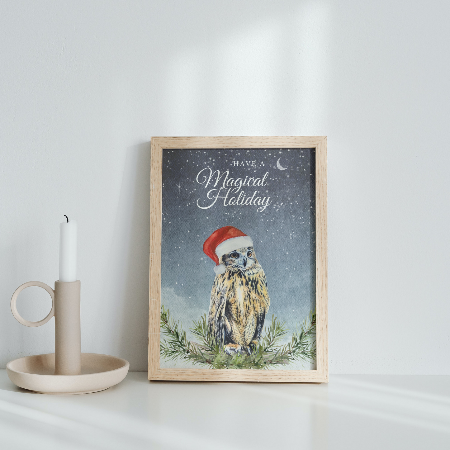 Have a Magical Holiday, Whimsical Owl Art, Art print on cardstock