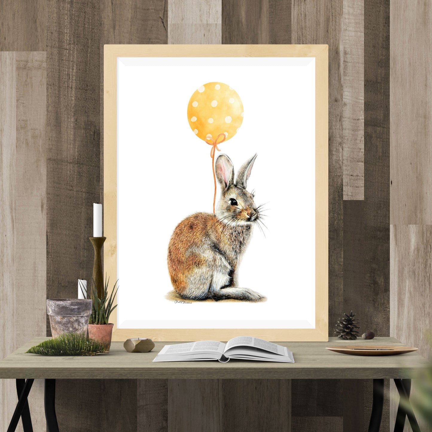 Bunny With Yellow Balloon, Woodland nursery art, Art print on cardstock