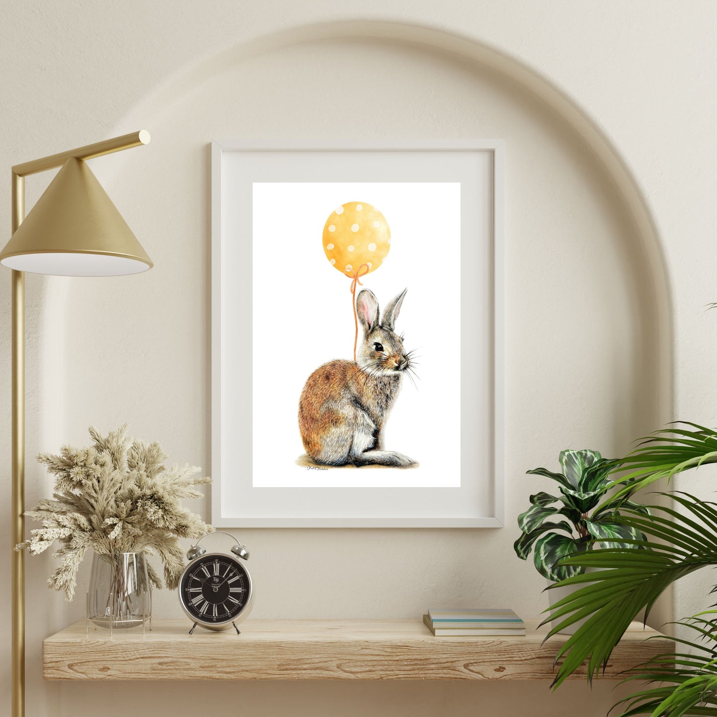 Bunny With Yellow Balloon, Woodland nursery art, Giclee print on fine art paper