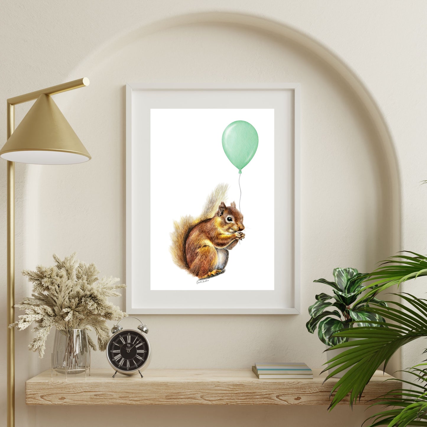 Squirrel With Green Balloon, Woodland nursery art, Art print on cardstock