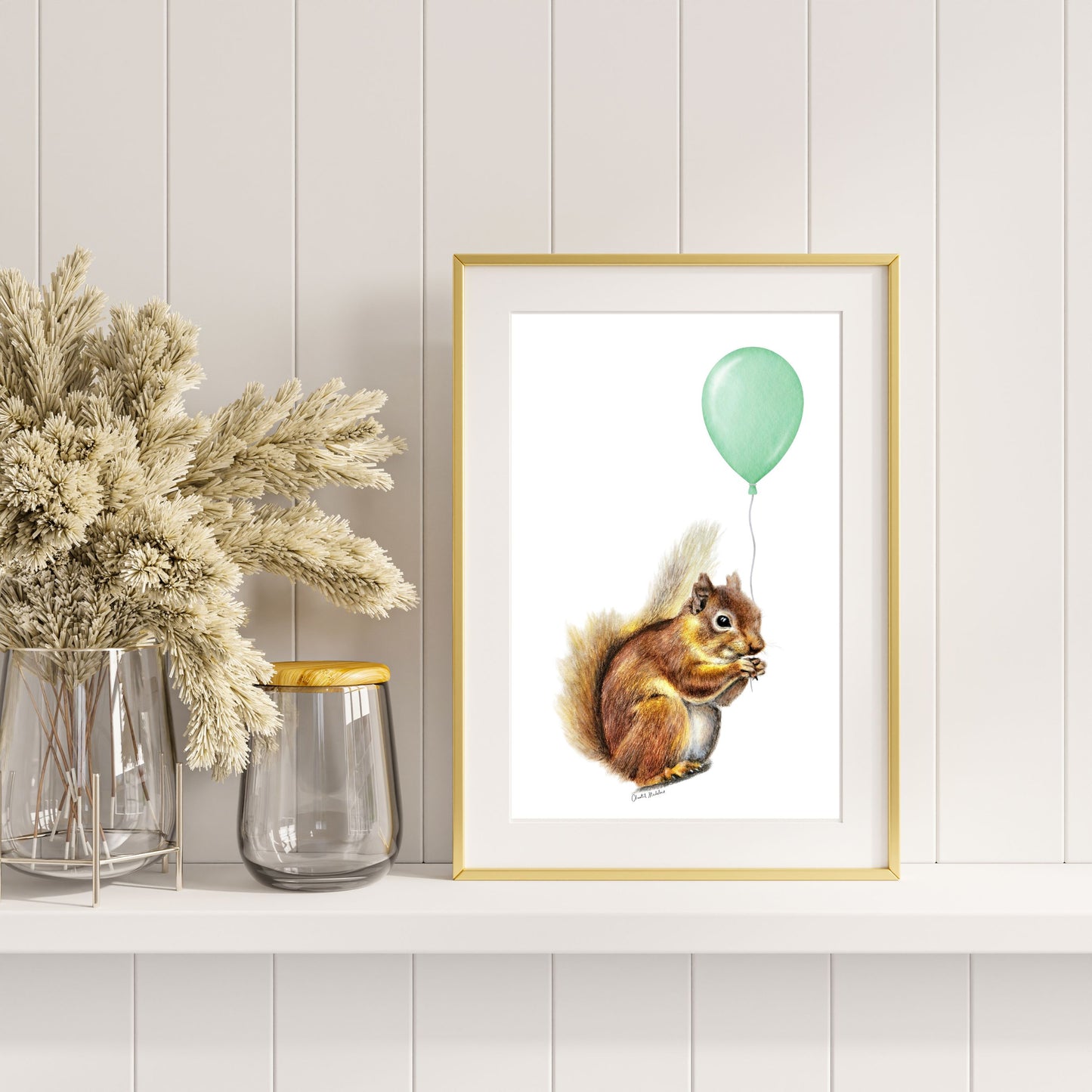Squirrel With Green Balloon, Woodland nursery art, Art print on cardstock