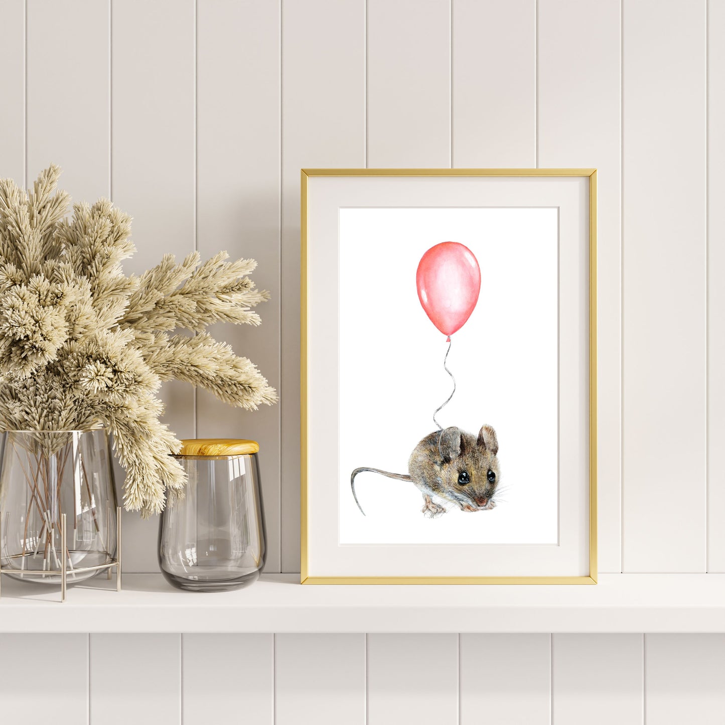 Mouse with Pink Balloon, Woodland nursery art, Art print on cardstock