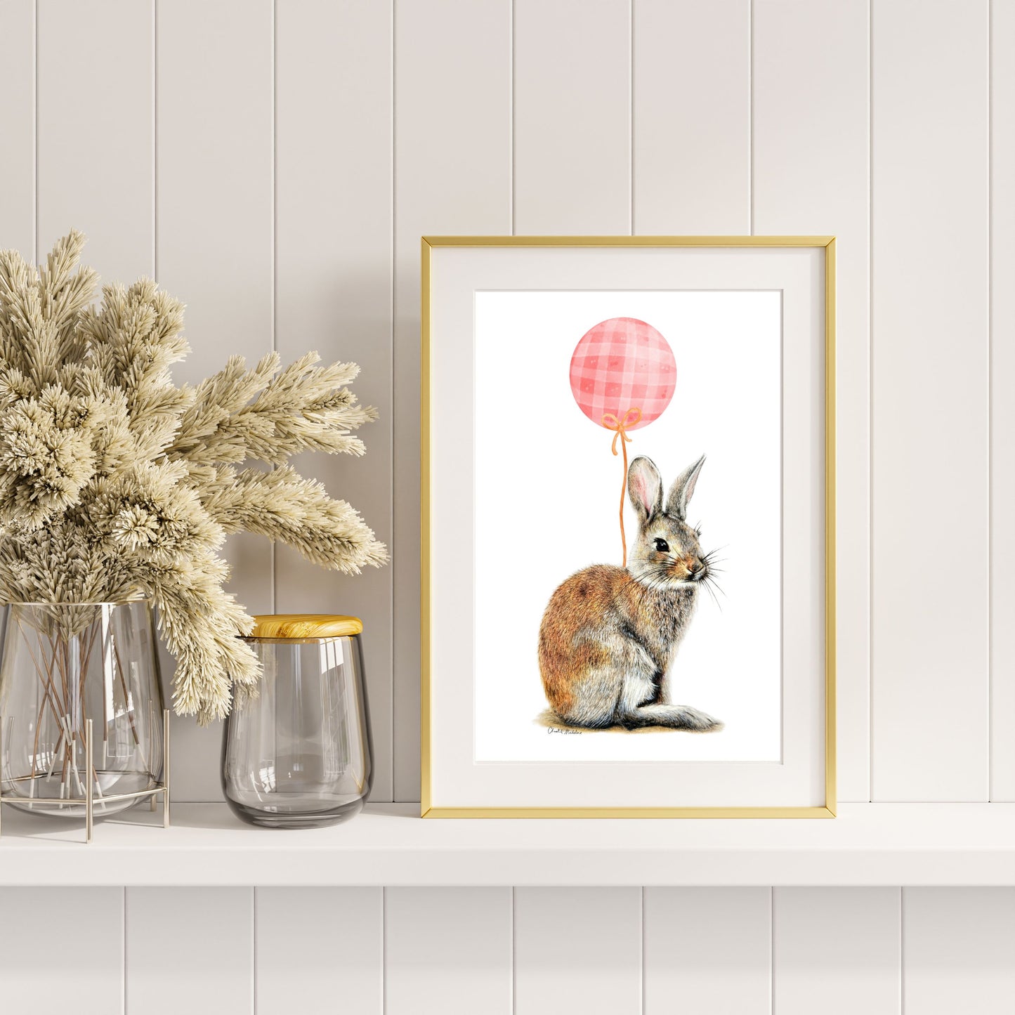 Bunny With Pink Balloon, Woodland nursery art, Giclee print on fine art paper