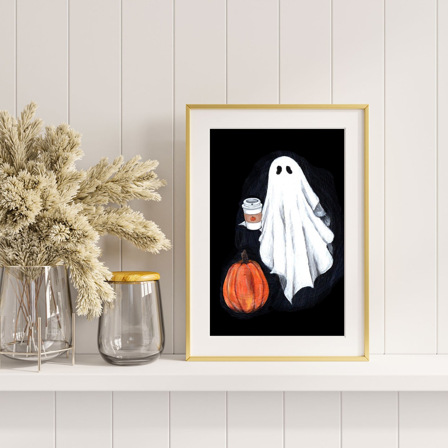 Halloween ghost wall art print, Spooky season room decor, Cute illustration print, Vintage ghost painting, Gothic art for her, Him, Friend