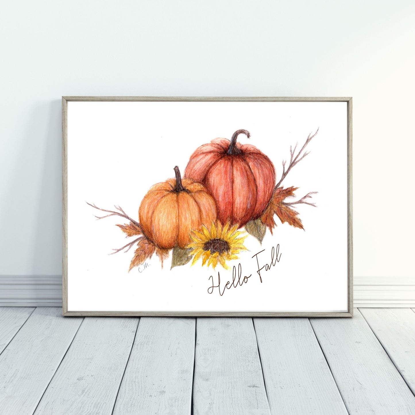 Hello fall art print, Fall Home decor, Autumn decor, Pumpkin wall art, Rustic fall print, Hand drawn pumpkin print, Vintage thanksgiving