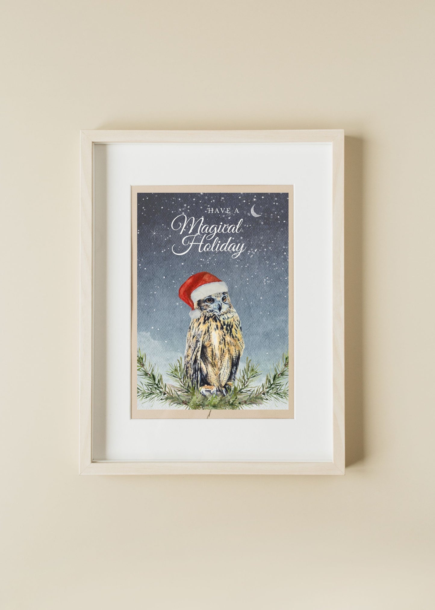 Have a Magical Holiday, Whimsical Owl Art, Art print on cardstock