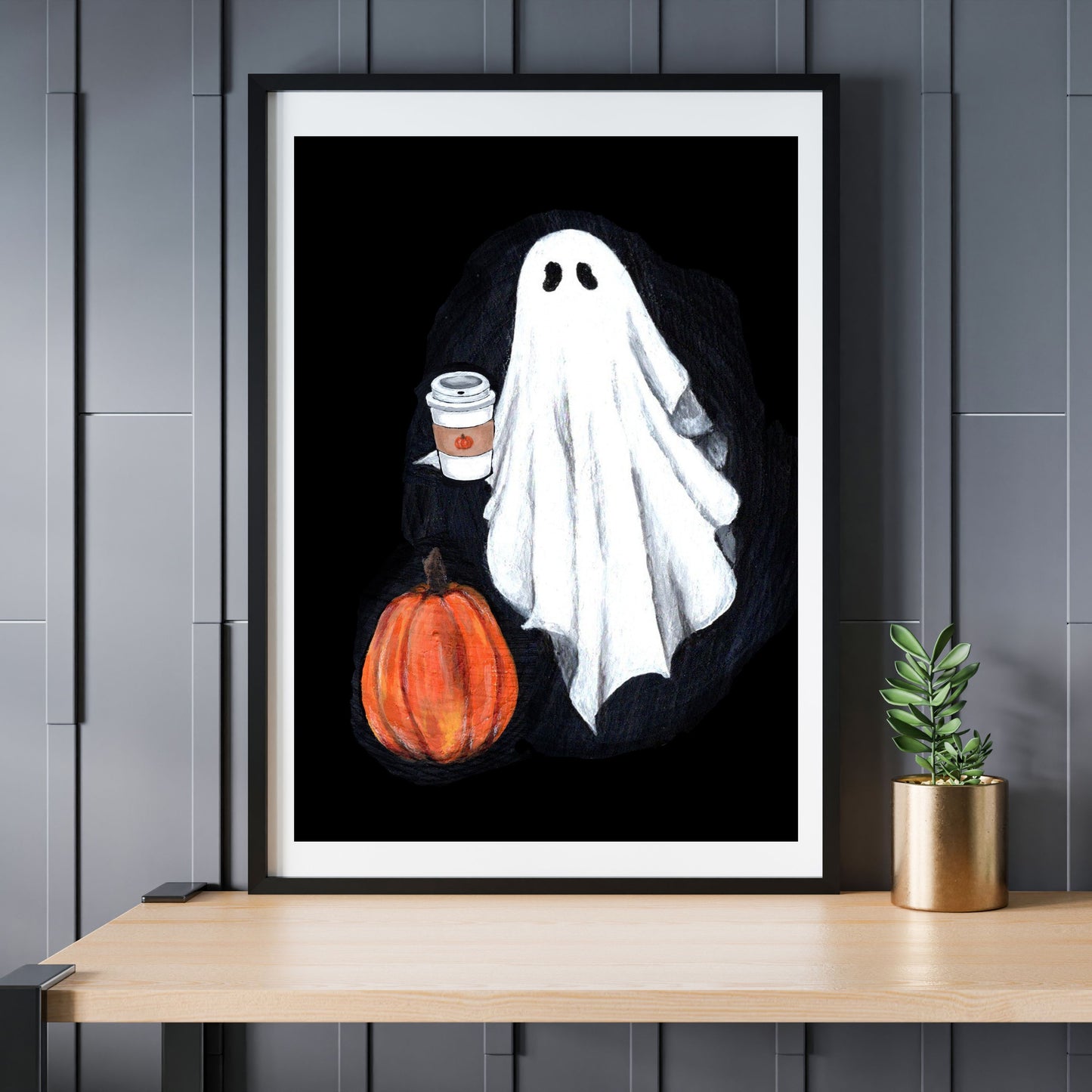 Halloween ghost wall art print, Spooky season room decor, Cute illustration print, Vintage ghost painting, Gothic art for her, Him, Friend