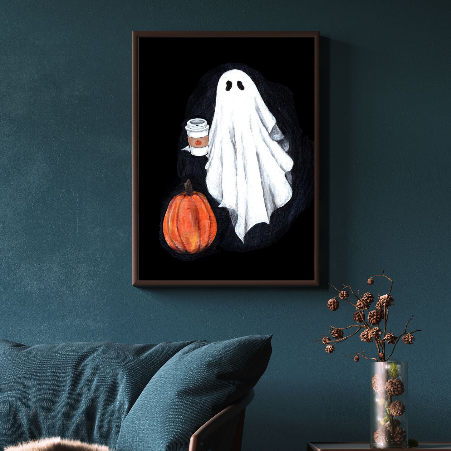 Halloween ghost wall art print, Spooky season room decor, Cute illustration print, Vintage ghost painting, Gothic art for her, Him, Friend