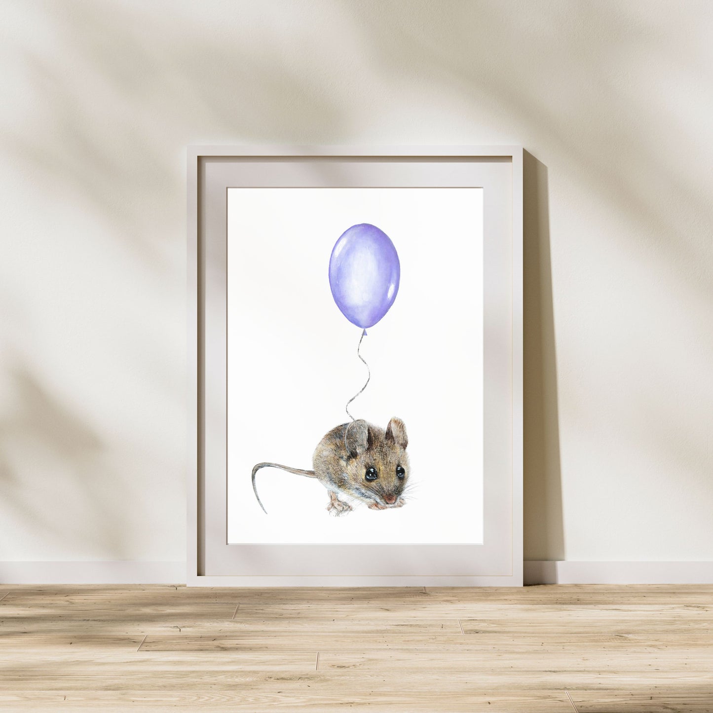 Mouse with Purple Balloon, Woodland nursery art, Art print on cardstock