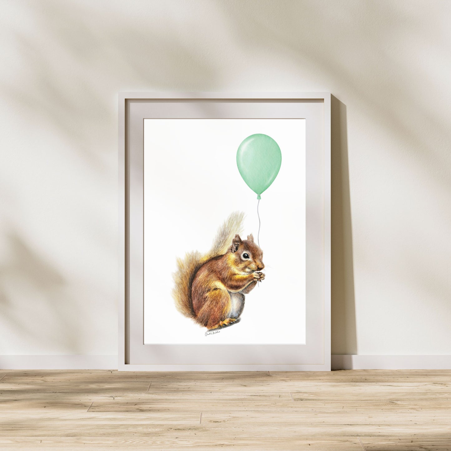 Squirrel With Green Balloon, Woodland nursery art, Giclee print on fine art paper