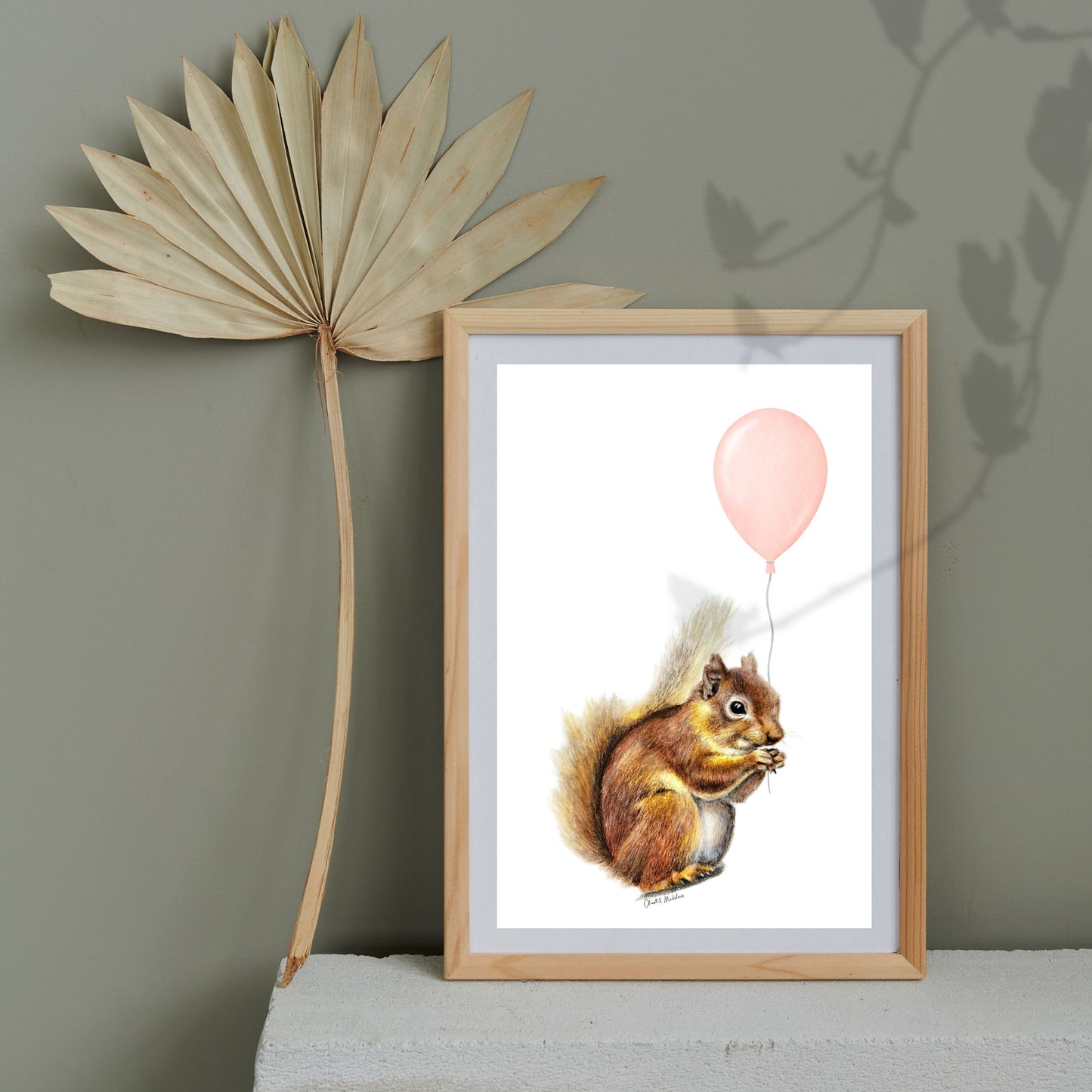 Squirrel With Coral Balloon, Woodland nursery art, Giclee print on fine art paper