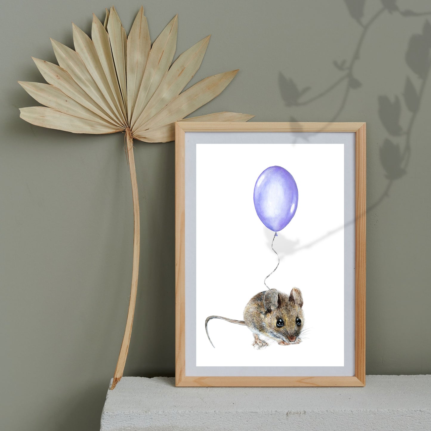 Mouse with Purple Balloon, Woodland nursery art, Art print on cardstock