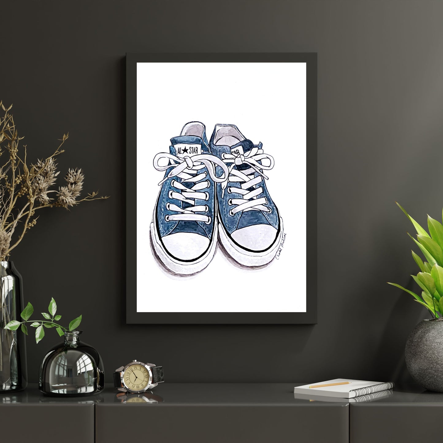 Blue all star converse shoes, Shoe lover art, Giclee print on fine art paper