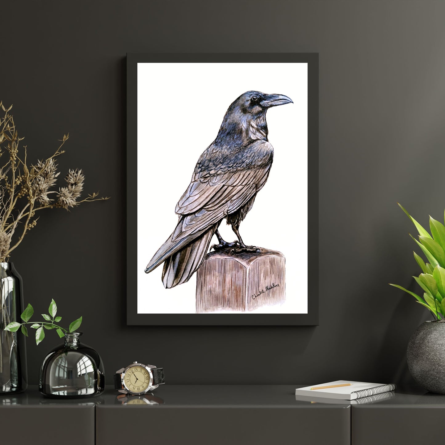 Raven art print, Ink drawing wall art, Raven poster, Gothic decor, Black bird print, Crow art print, Woodland home decor, Living room art