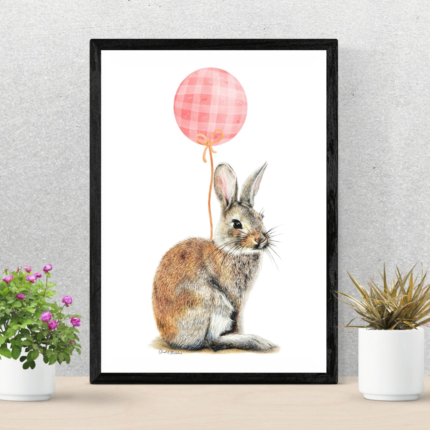 Bunny With Pink Balloon, Woodland nursery art, Art print on cardstock