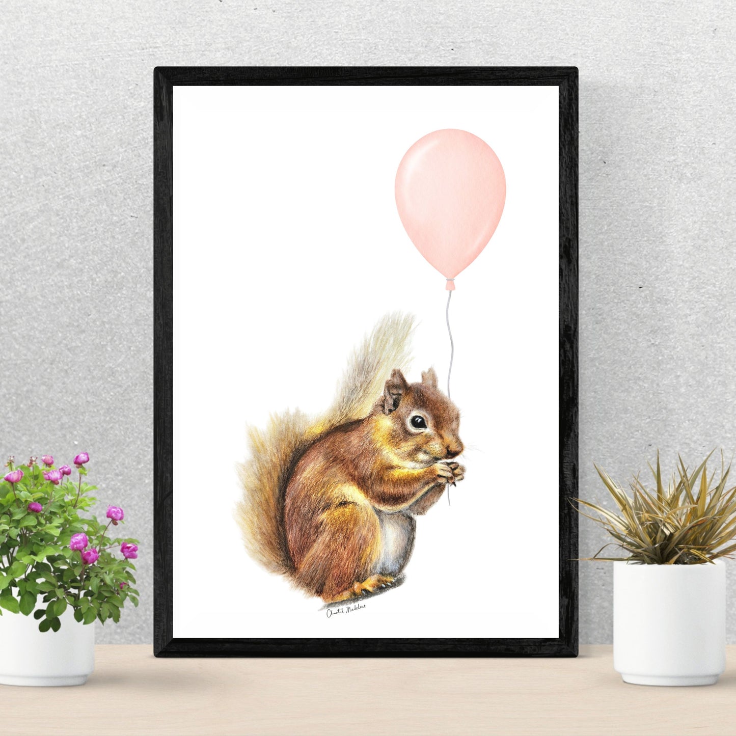 Squirrel With Coral Balloon, Woodland nursery art, Art print on cardstock