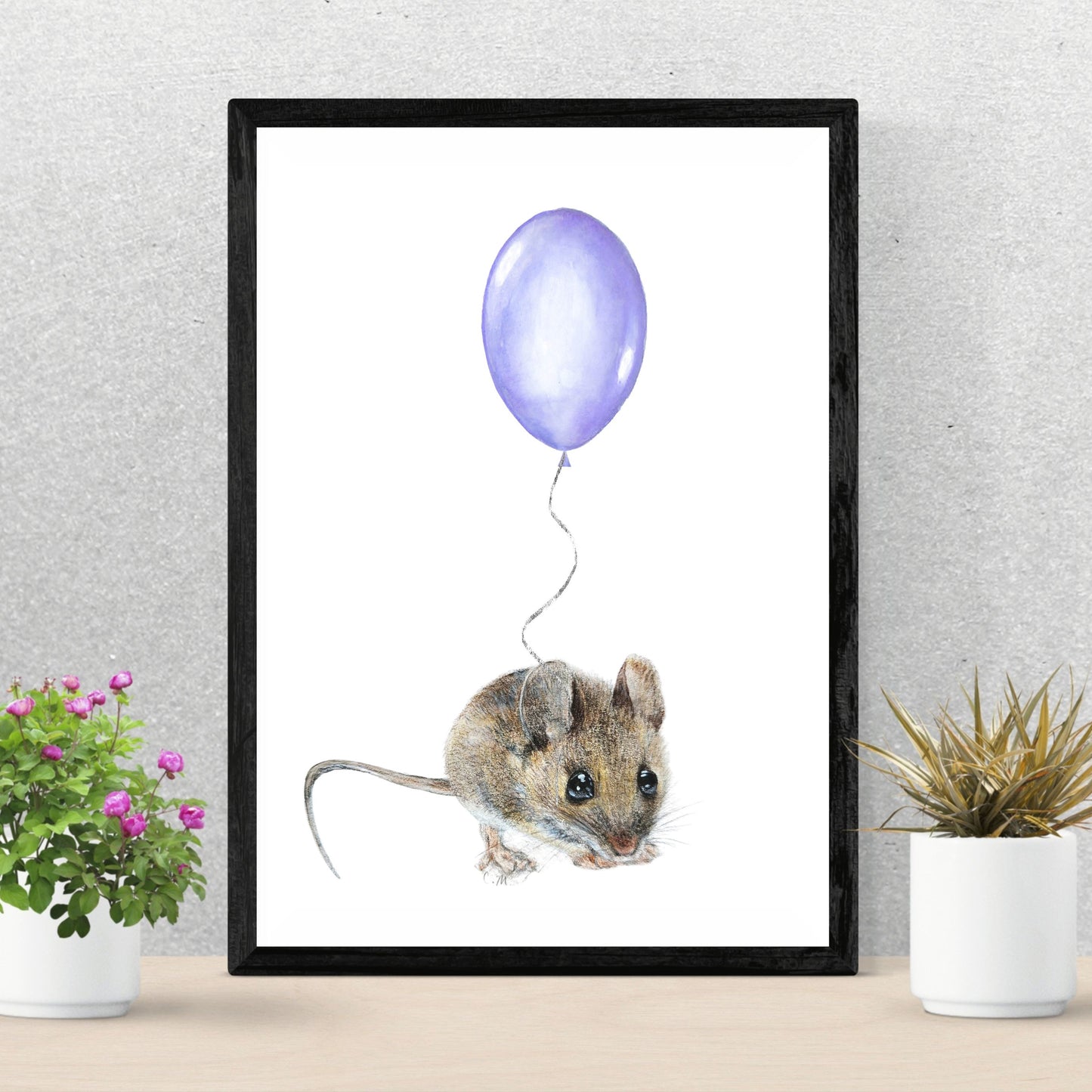 Mouse With Purple Balloon, Woodland nursery art, Giclee print on fine art paper