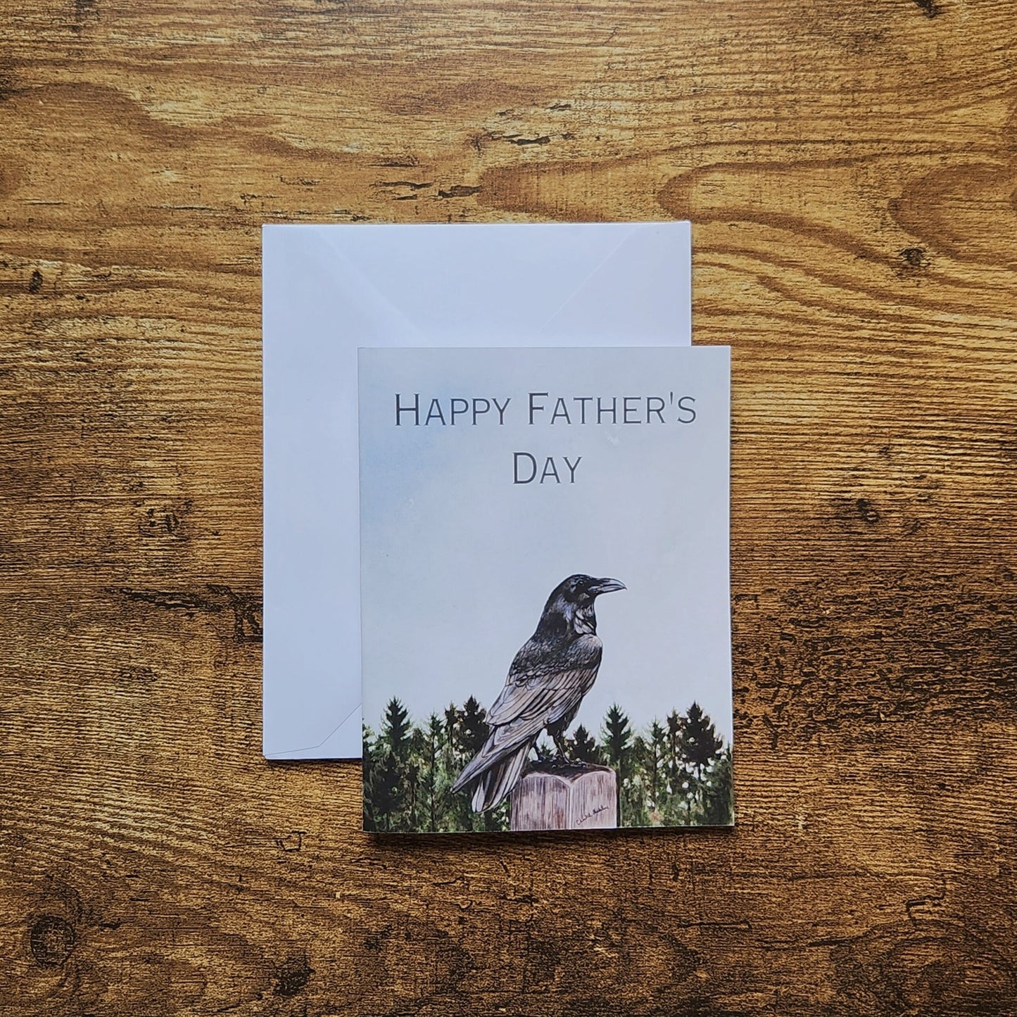 Happy Father's day raven card, Crow gothic card for dad, Bird greeting card for dad, For husband, For grandpa, Nature pine tree outdoor card
