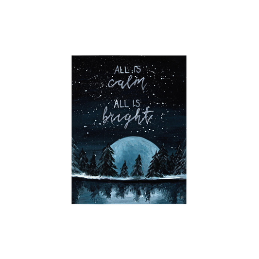 All is calm, All is bright, Silent night Christmas decor, Snowy woodland Christmas print, Christmas tree forest decor, Outdoorsy holiday art