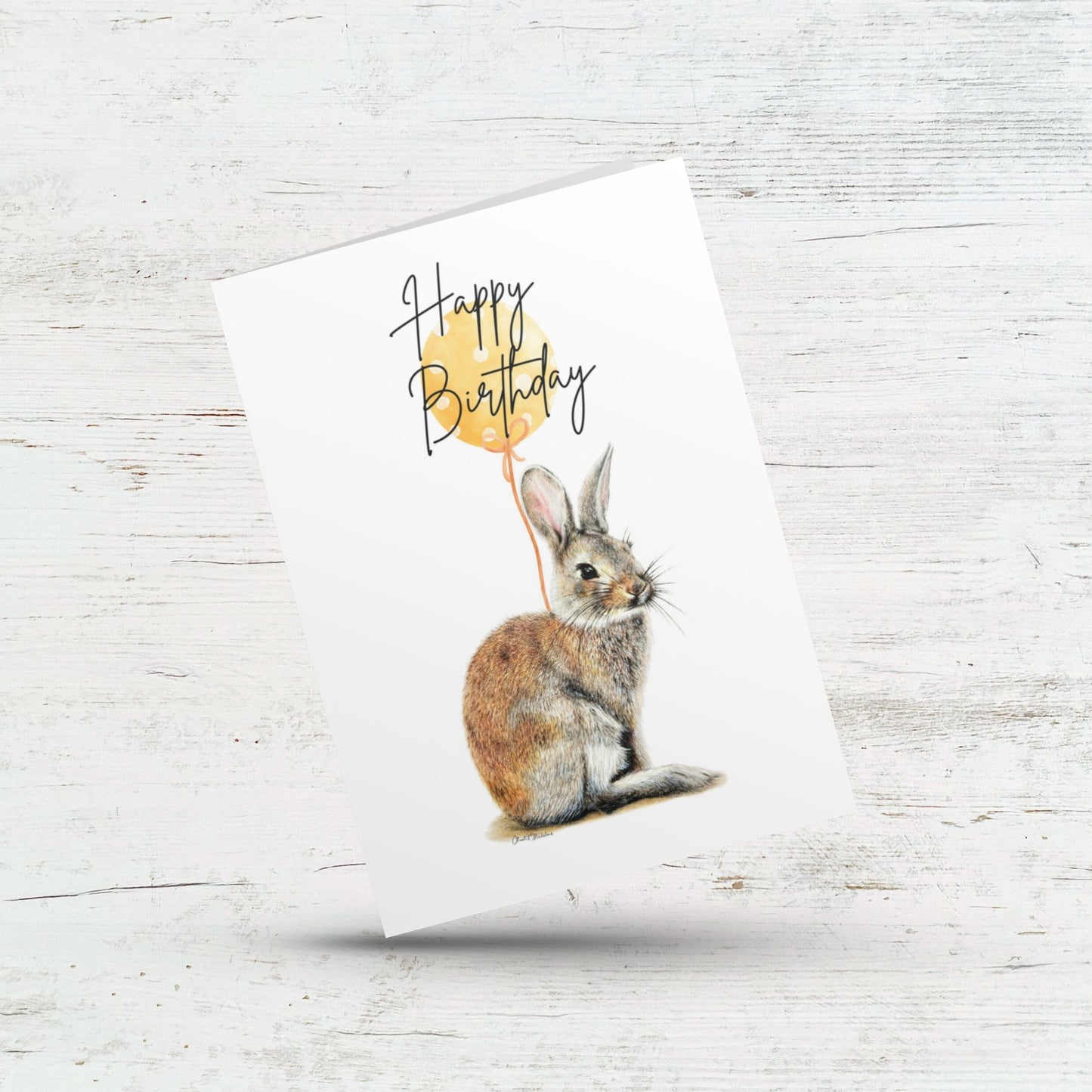 Little bunny happy birthday card, Woodland forest rabbit, Gender neutral animal card, Bunny with yellow balloon for her, Him, Daughter, Son