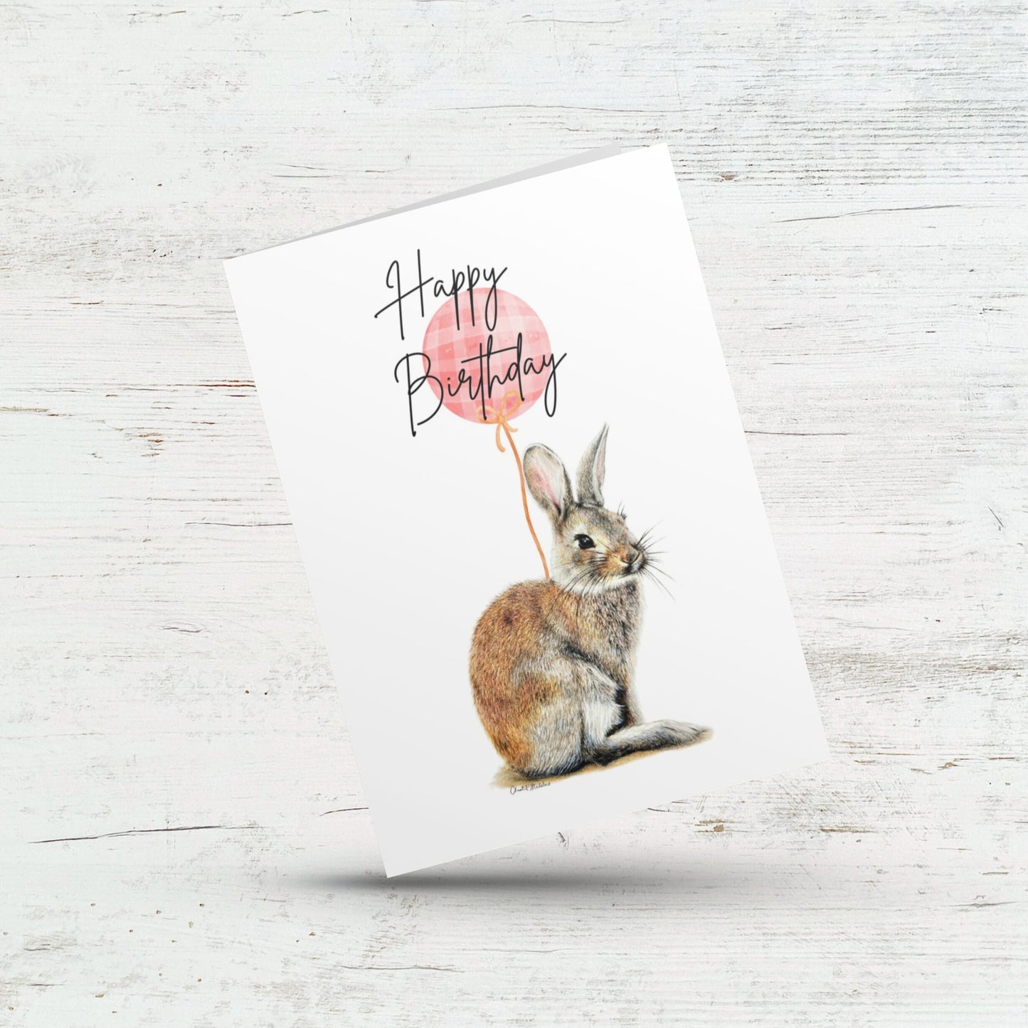 Happy Birthday bunny card, Hoppy woodland rabbit with pink balloon, Bday card for daughter, Mom, Grandma, Teacher, Co worker, Bestie, Friend