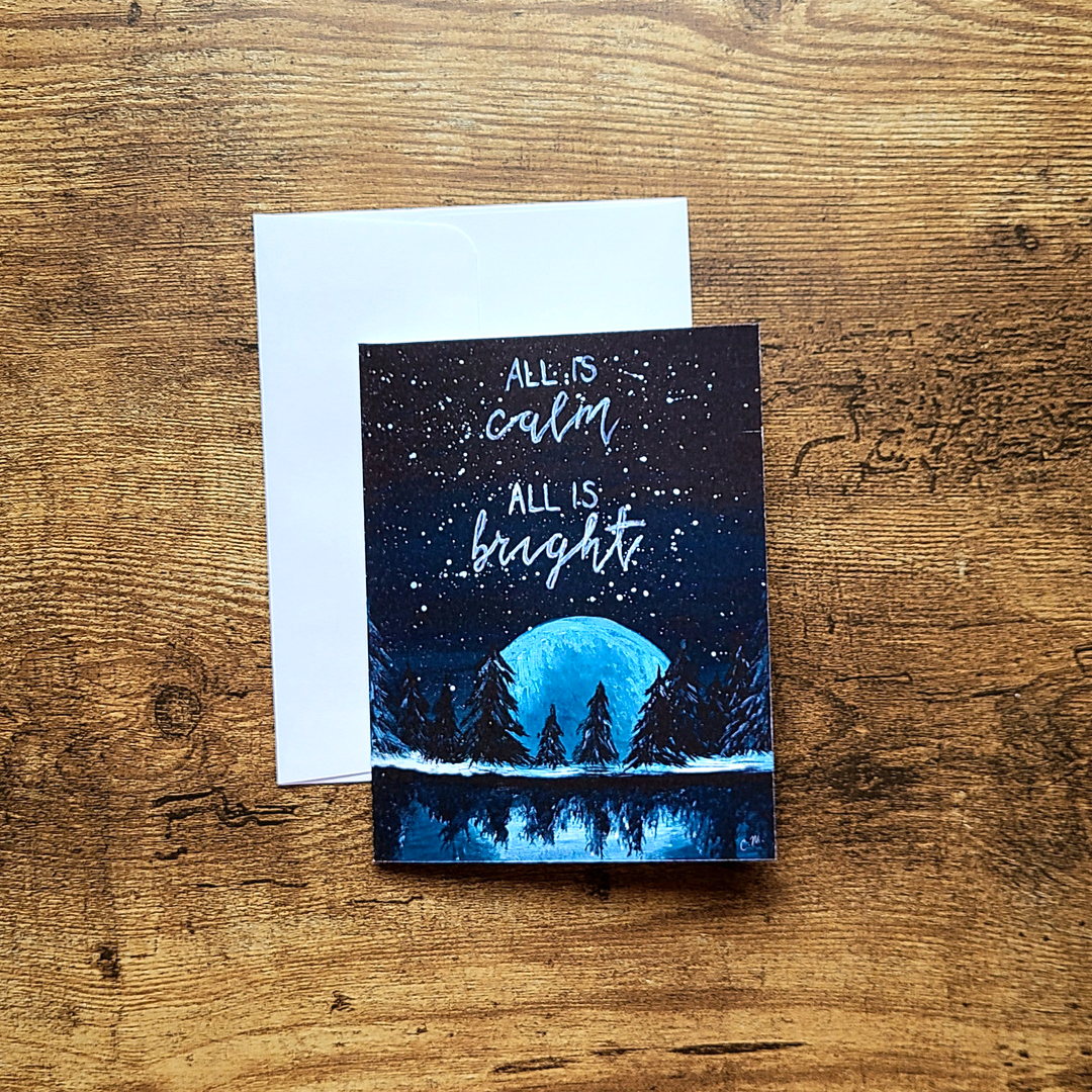 All is calm, All is bright, Silent night Christmas card, Snowy woodland Christmas card, Christmas tree forest card, Outdoorsy holiday card