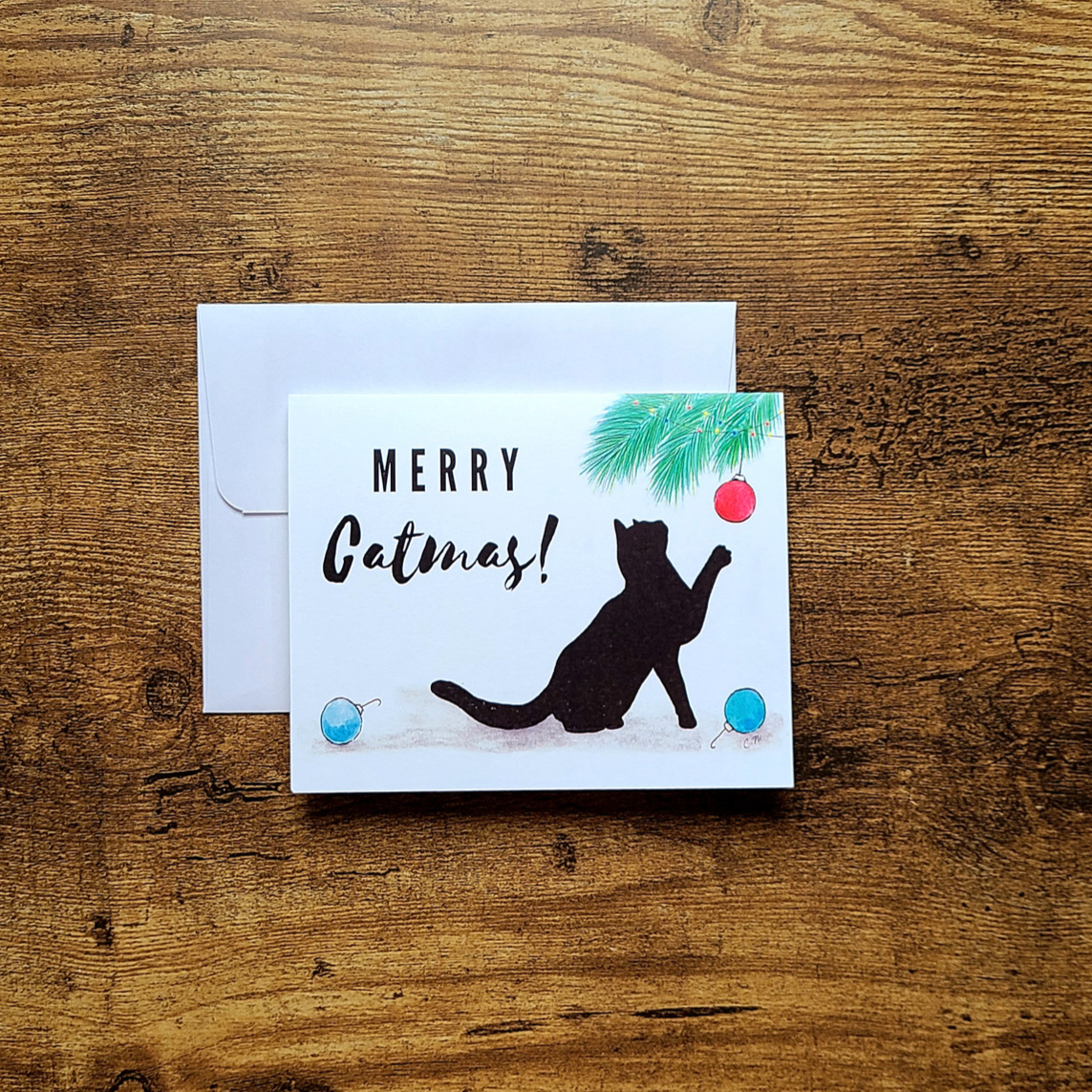 Merry catmas, Black cat Christmas card, Cute cat Holiday card, Cat lover Christmas greeting card, Meowy Christmas, Happy holidays, Cat pun