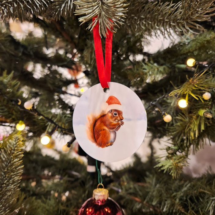 Christmas tree ornament, Cute wildlife metal ornament, Santa hat squirrel, Squirrel ornament for Christmas tree, Holiday home decor