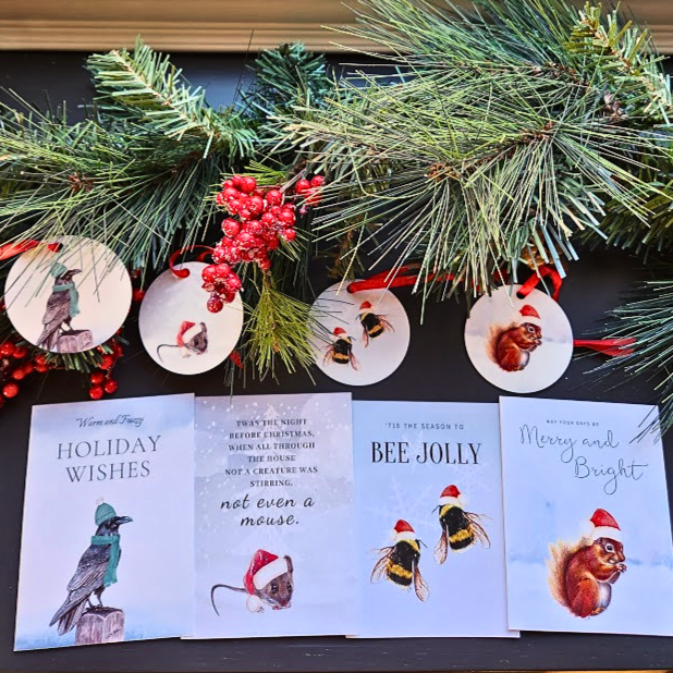 Holiday collection of animal Christmas tree ornaments and cards, Metal Christmas tree ornaments, Holiday bundle pack, Holiday Home decor