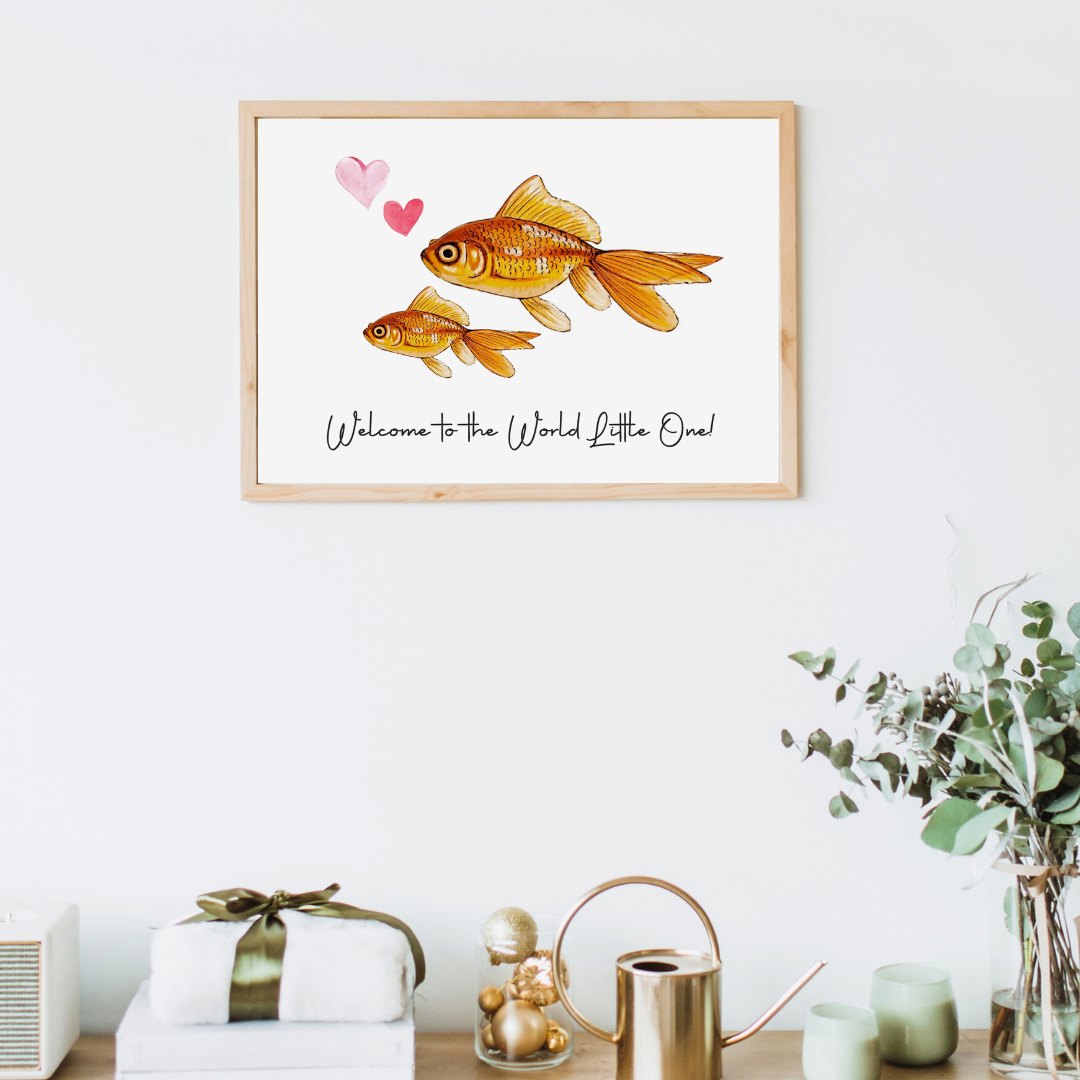 Welcome to the world little one, Nursery decor, Baby room art, Gift for new parents, Baby shower gift, Cute animal art print, Goldfish