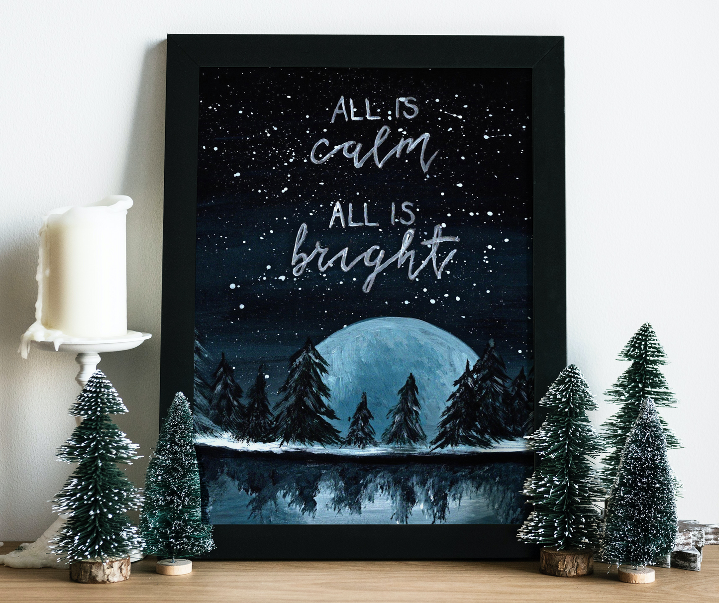 All is calm, All is bright, Silent night Christmas decor, Snowy woodland Christmas print, Christmas tree forest decor, Outdoorsy holiday art