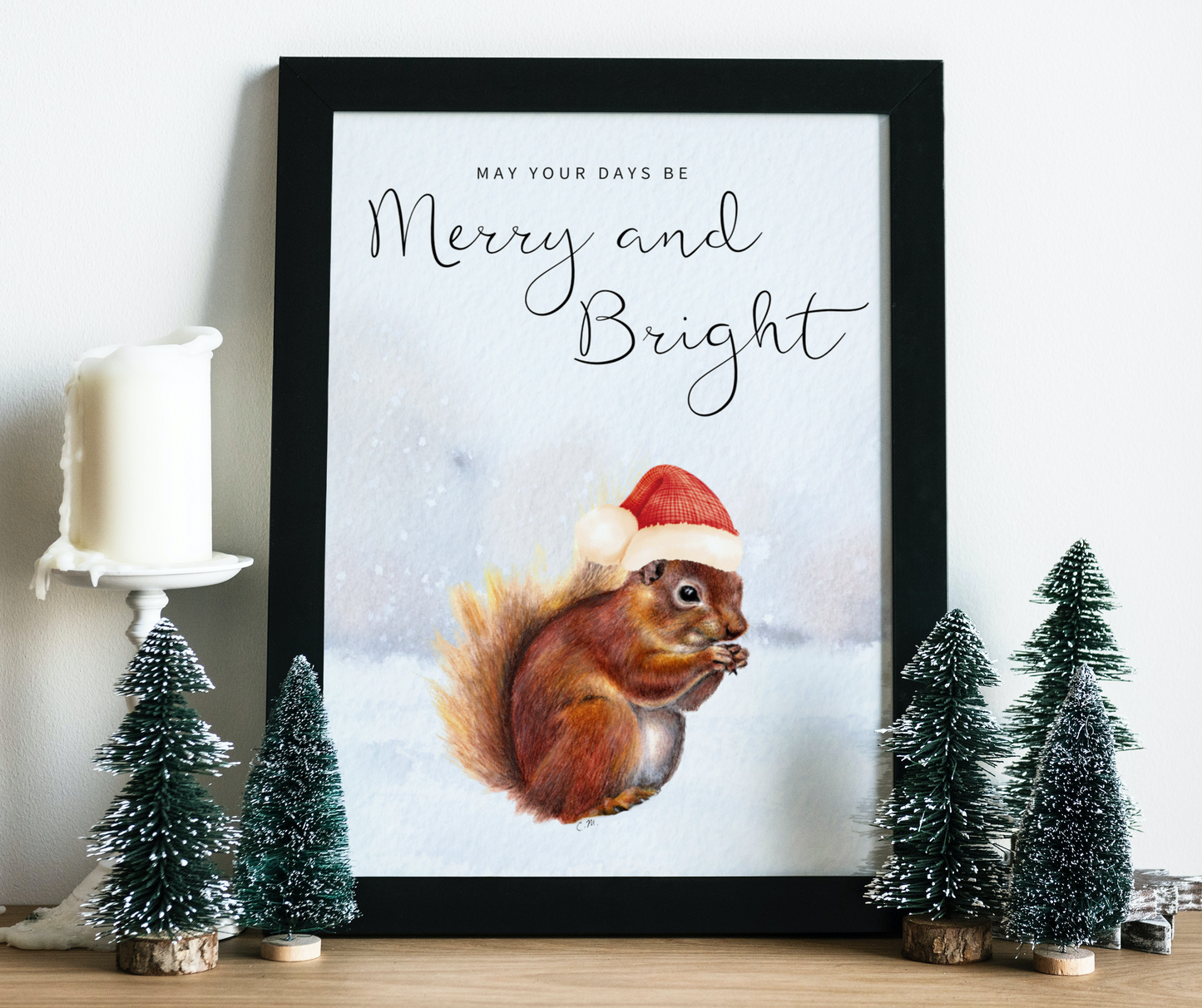 Squirrel Christmas decor,Merry and bright decor,Santa hat squirrel, Squirrel home decor, Woodland animal art, Cute animal Holiday decor