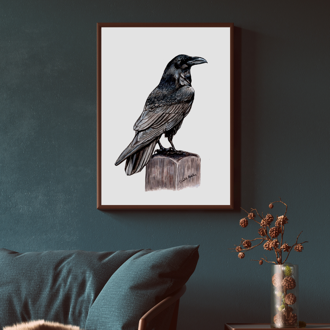 Raven art print, Ink drawing wall art, Raven poster, Gothic decor, Black bird print, Crow art print, Woodland home decor, Living room art