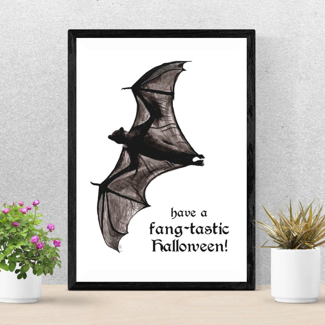 Happy Halloween decor, Have a fangtastic Halloween, Black bat art print, Spooky bat art, Halloween bat, Gothic decor, Punny bat art print