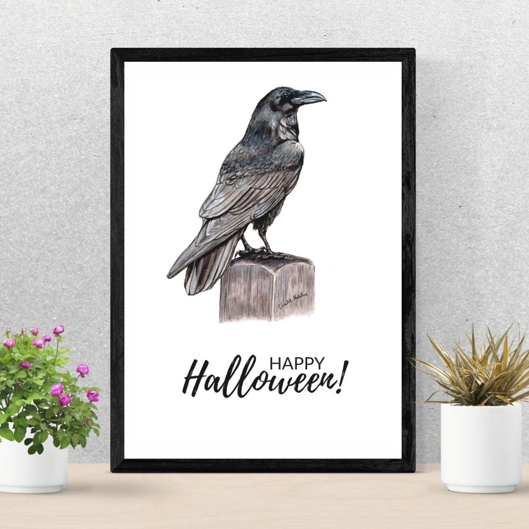 Happy Halloween home decor, Raven Halloween art print, Fine art ink drawing, Bird gift, Spooky Raven print, Crow art print, Gothic decorsp