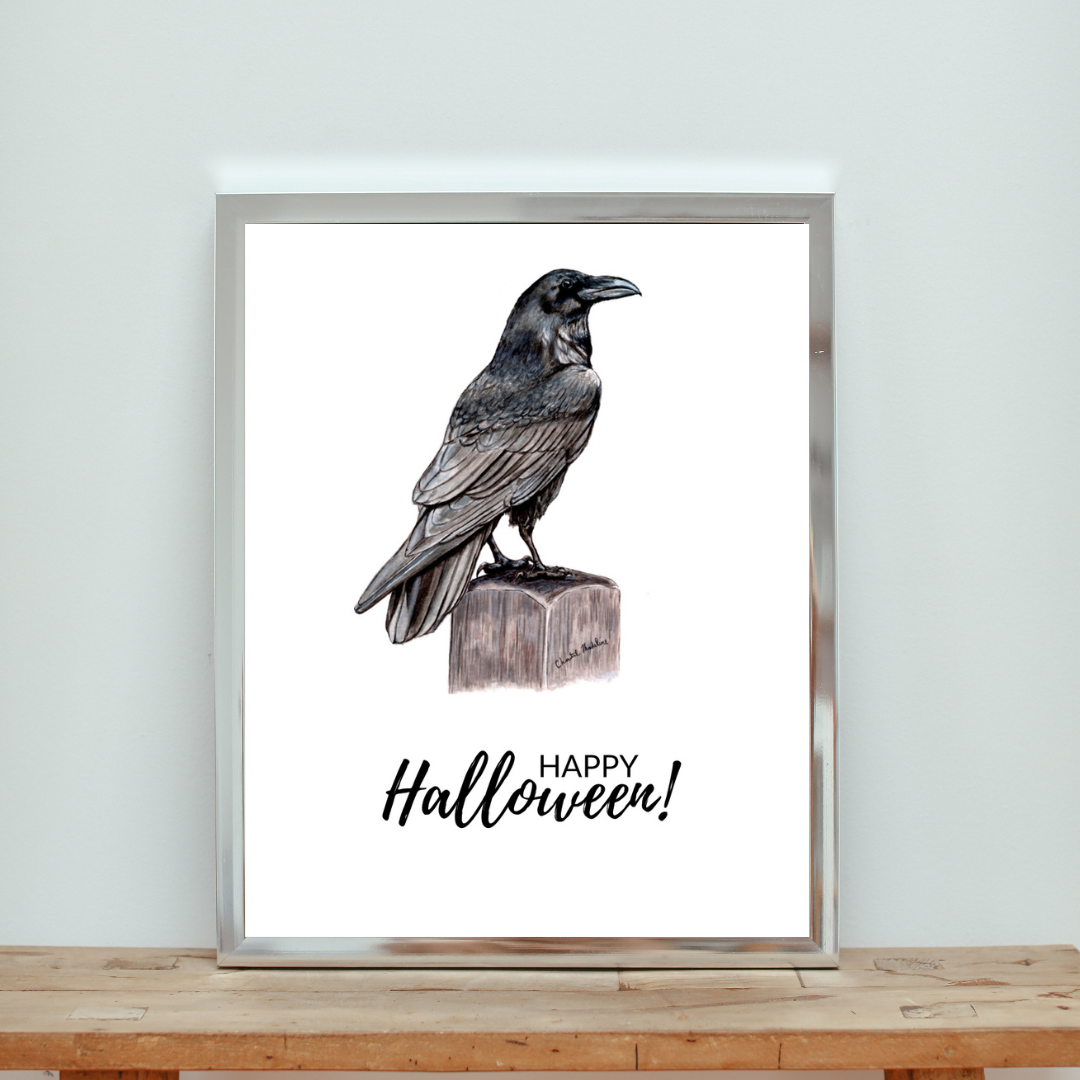 Happy Halloween home decor, Raven Halloween art print, Fine art ink drawing, Bird gift, Spooky Raven print, Crow art print, Gothic decorsp