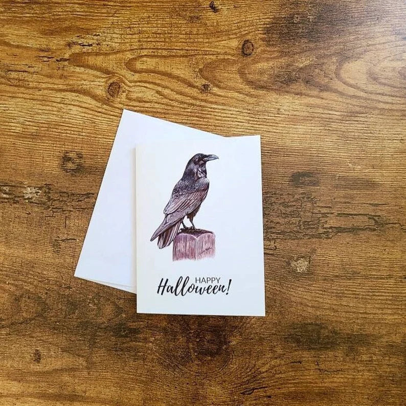 Happy Halloween card raven, Raven art card, Fine art ink drawing, Spooky season raven card, Gothic Halloween card, Witchy card, Crow card