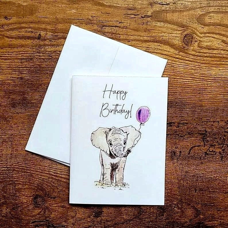 Happy Birthday card, Cute Birthday card, Elephant card, Birthday card for kids, Birthday card for friend, Birthday gift, Birthday balloon